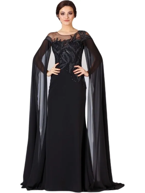 

Black Round Collar Sleeves Long Tulle Detail Evening Dress Evening dress Women Summer Dress Casual Long Prom Midi Maxi