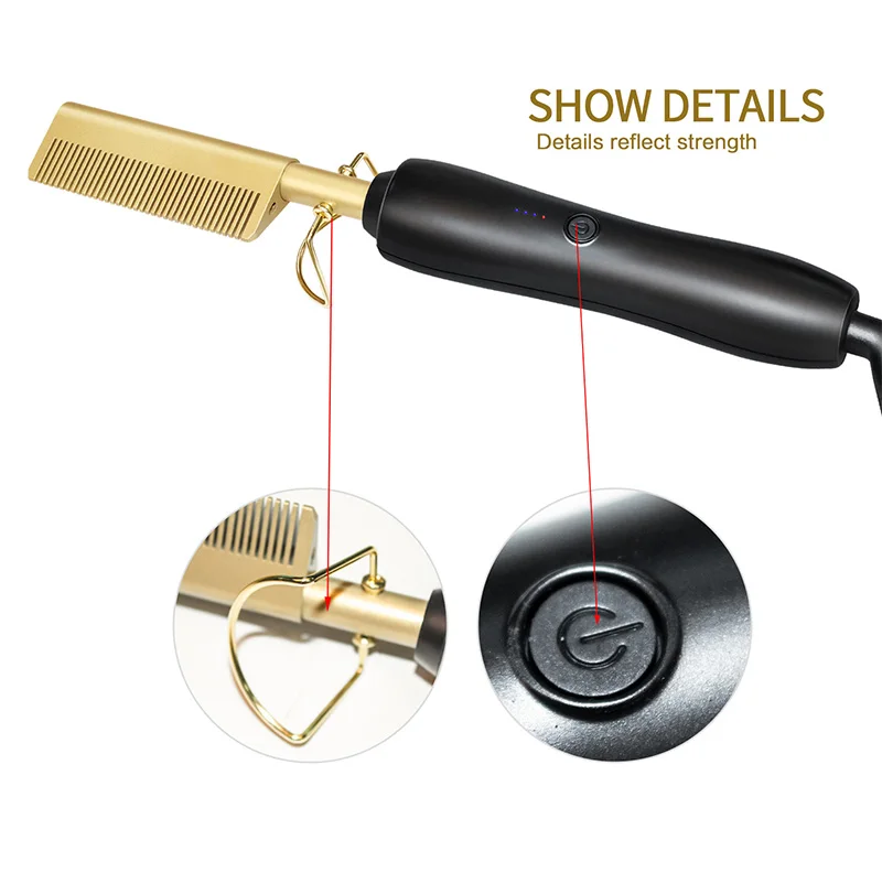 Фото Многофункциональная электрическая медная расческа для волос 2 в 1, выпрямляющая завивка, быстрый нагрев, регулируемая щетка для укладки волос без завязок №3