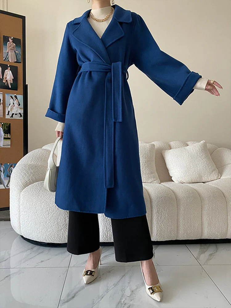 

Женское шерстяное пальто с поясом, синее длинное Свободное пальто с длинным рукавом, большие размеры, на осень-зиму, C582, 2022