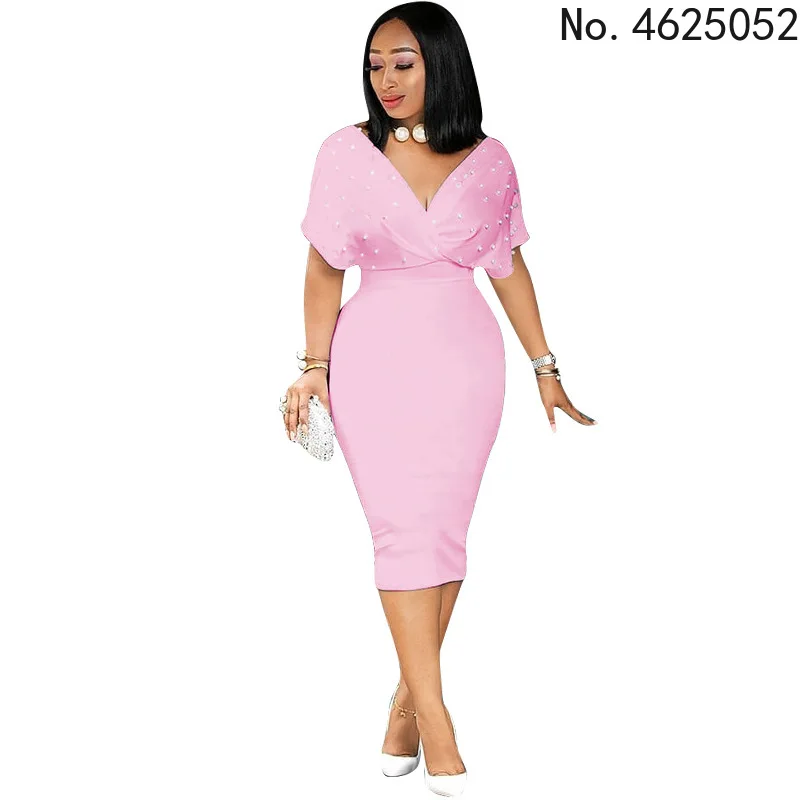 

African Dresses for Women 2023 Summer African Women V-neck Polyester Short Sleeve Knee-length Dress African Clothes Women