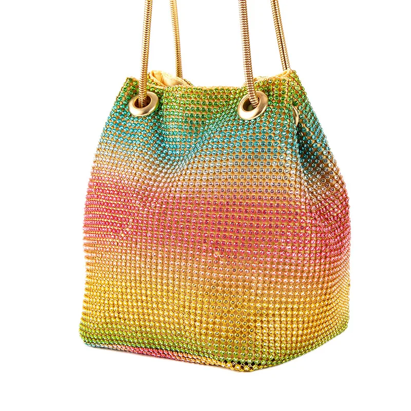 

Crystal Bucket Bag for Women Multicolor Rhinestone Rainbow Beaded Ladies Luxury Handbags New 2022 Shoulder Crossbody Bags
