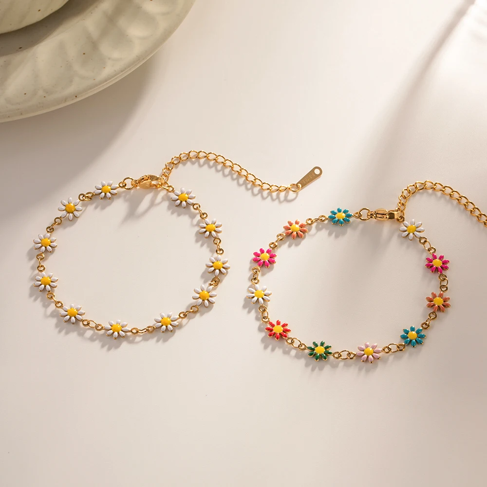

18K Gold Daisy Chain Bracelet For Women Bohemia Colorful Daisy Bracelet Ladies Stainless Steel Bracelet Jewelry Gift Pulseras