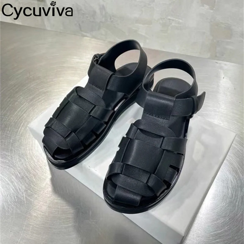 

Сандалии женские в римском стиле, повседневные босоножки без задника, искусственная кожа, круглый носок, перфорированная кожа, плоская подо...