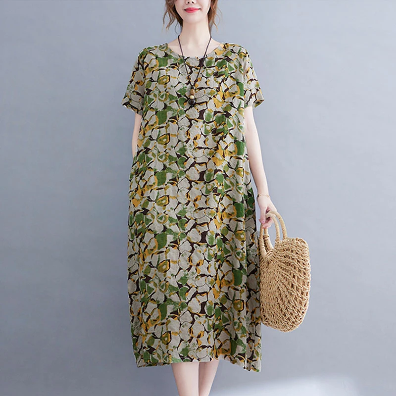 

2022 New Summer Women Floral Print Vintage Dress Linen Short Sleeve O Neck Loose Summer Dress Thin Soft Women Casual Vestidos