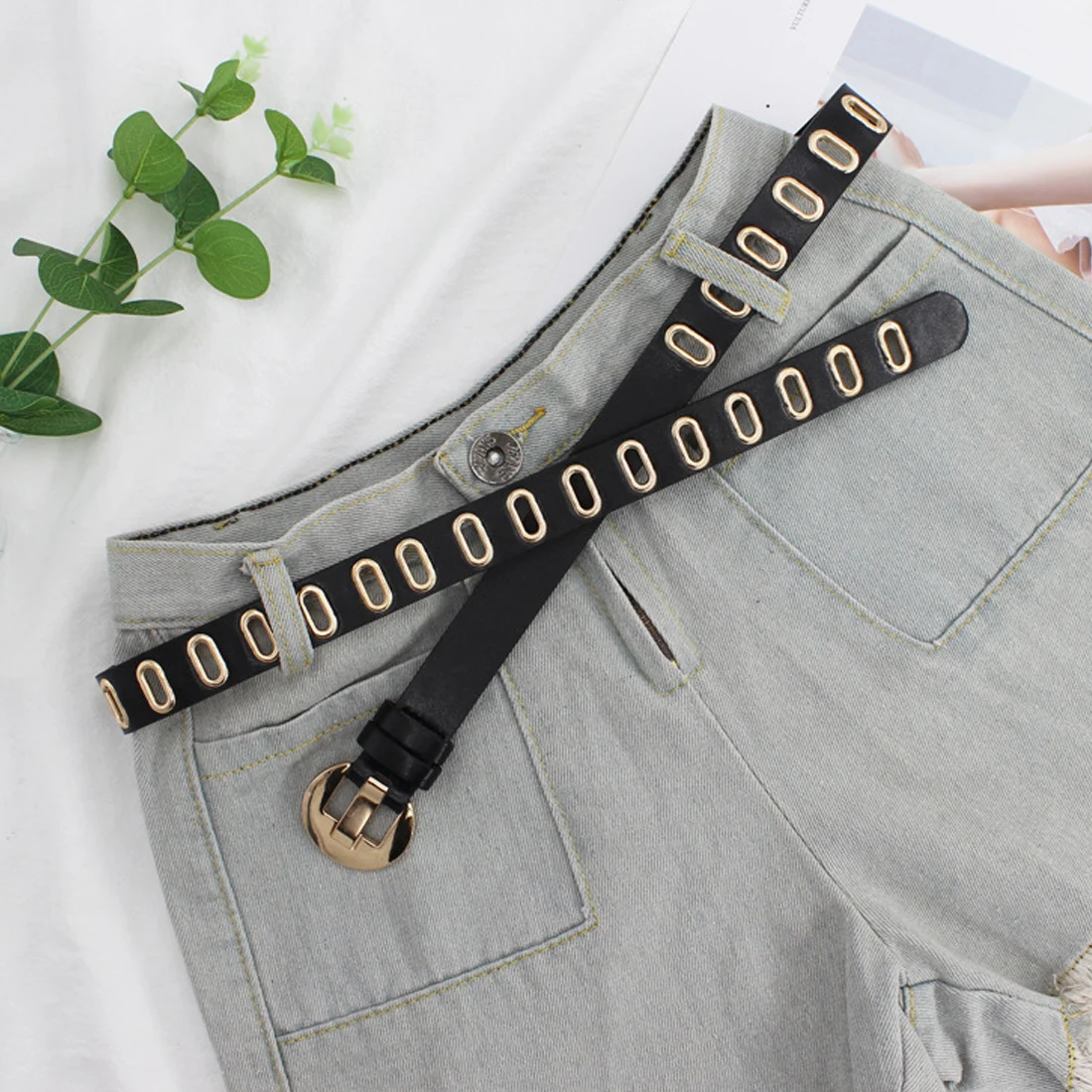 Perforated Round Buckle Waistband Elliptic Pore Jeans Casual Girdle Adjustable Fashion Imitation Leather Decorative Waist Belt
