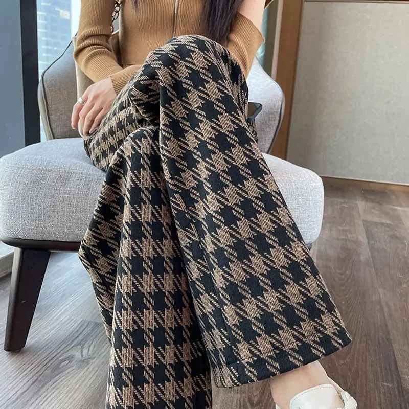 

Wide Leg Pants for Women Fall and Winter High Waist Hanging Loose Coffee Color Plaid Casual Pants Drag Floor Straight Pants