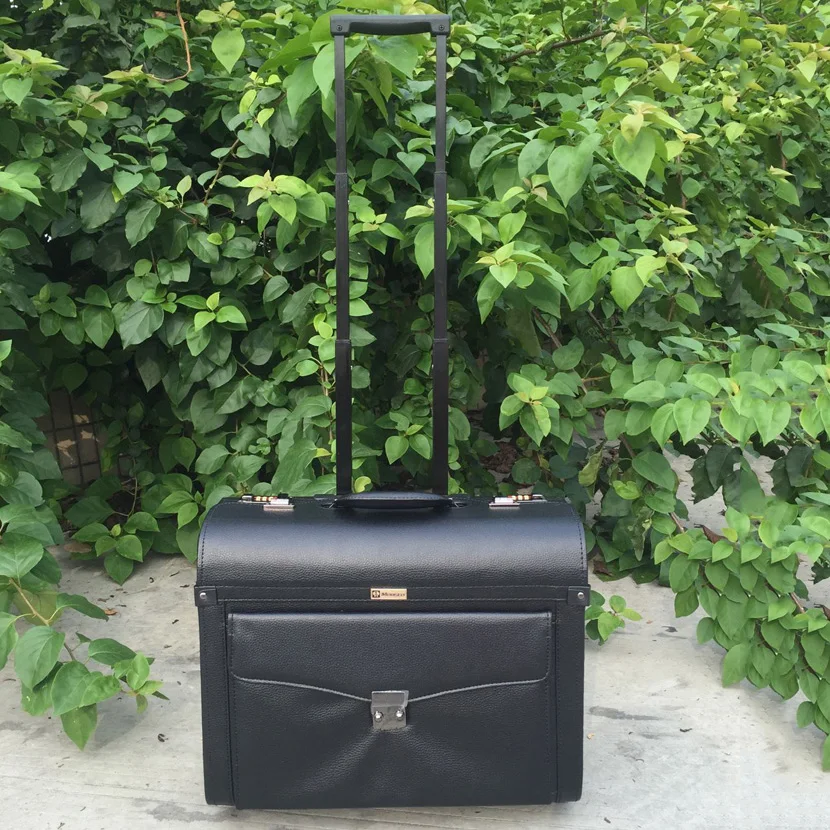 LeTrend Black PU Leather Rolling Luggage Suitcase Wheels 18 Inch Carry On Trolley Pilot Travel Bags Luggage Travel Suitcase