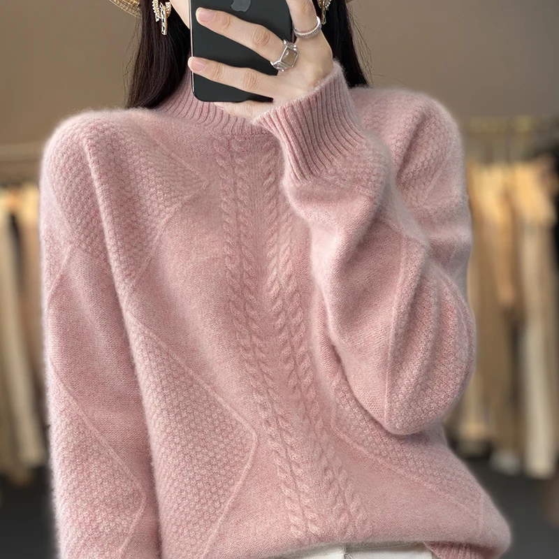 Autumn and Winter Women's 100% Cashmere Wool Sweater Solid Knitted Loose Heat Keeping Half High Collar Pure Wool Pullover Women'