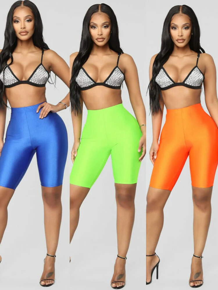 

CUHAKCI Summer Shiny Leggings Skinny Fitness Leggins Solid Women High Waist Sports Bodycon Green Fluorescence Color Bottoms