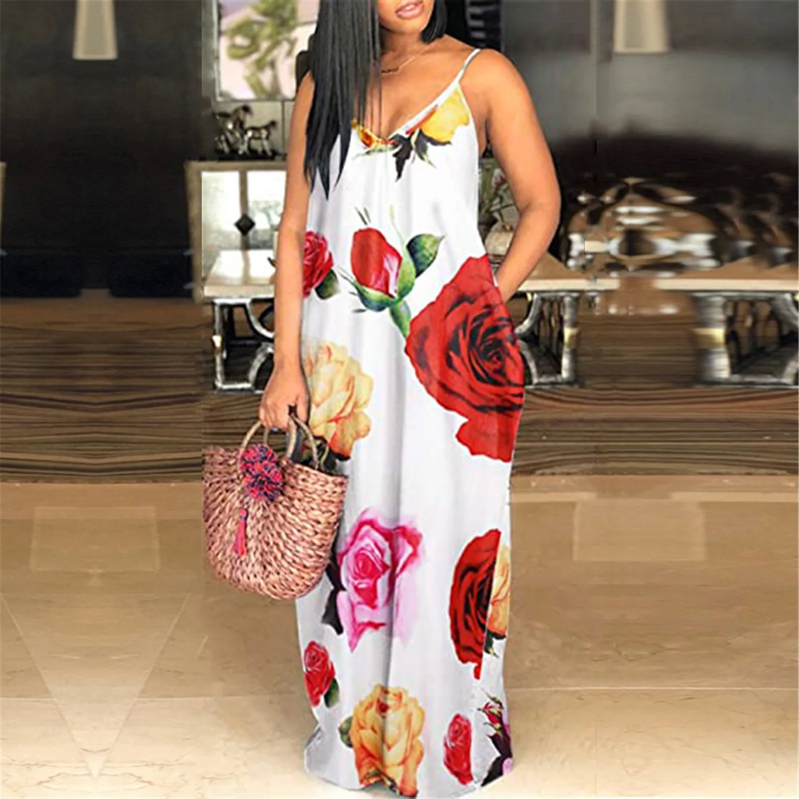 

Loose Sling Dress for Women Elegant Dress with Floral Pattern Pocket Casual Women's Dresses Summer 2022 Woman Y2k Clothes