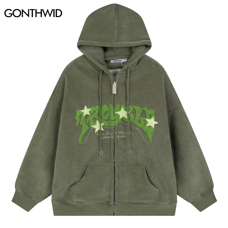 

Толстовка с капюшоном в стиле Харадзюку, уличная одежда в стиле хип-хоп, с вышивкой и надписью, на молнии, свитшот с капюшоном, модная свободная повседневная куртка, зеленый бежевый