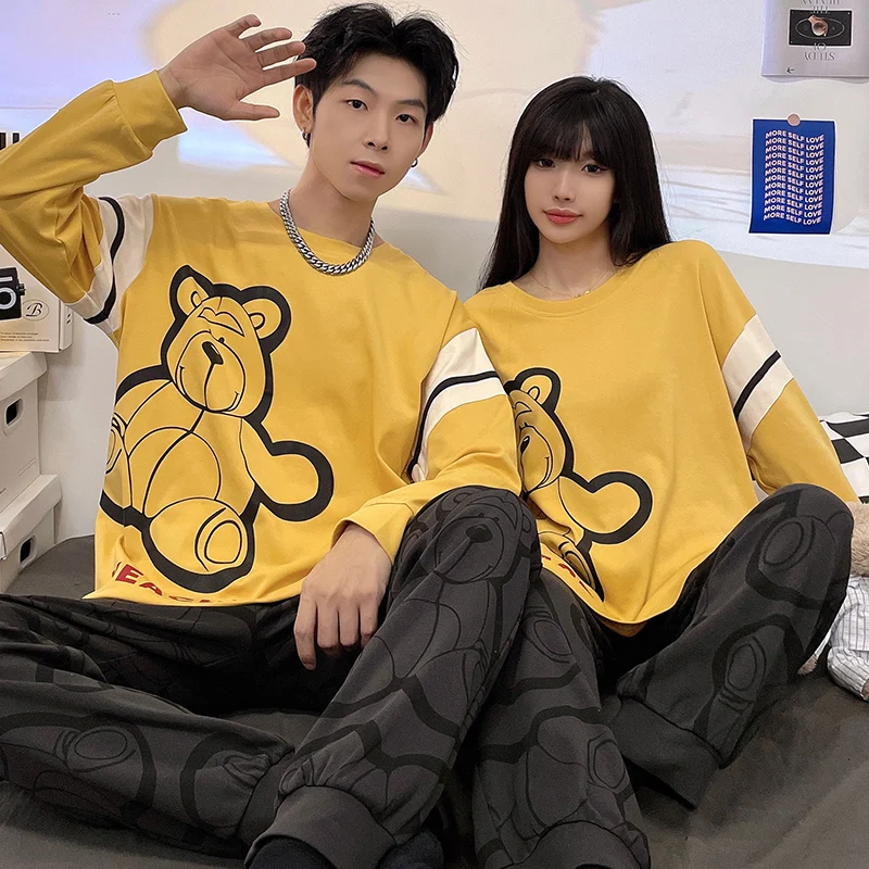 CAIYIER 2022 Cartoon Print Couple Sleepwear Suit Cotton O-Neck Leisure Women & Men Nightwear Cute Lovers Soft Winter Loungewear