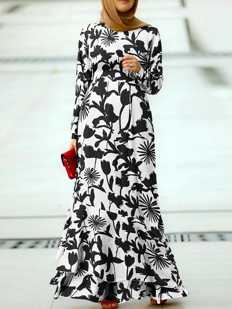 

Muslim Female Vintage Print Long Dress Spring Summer Casual Loose O Neck Long Sleeve Maxi Dress For Women Elegant V Neck Dresses