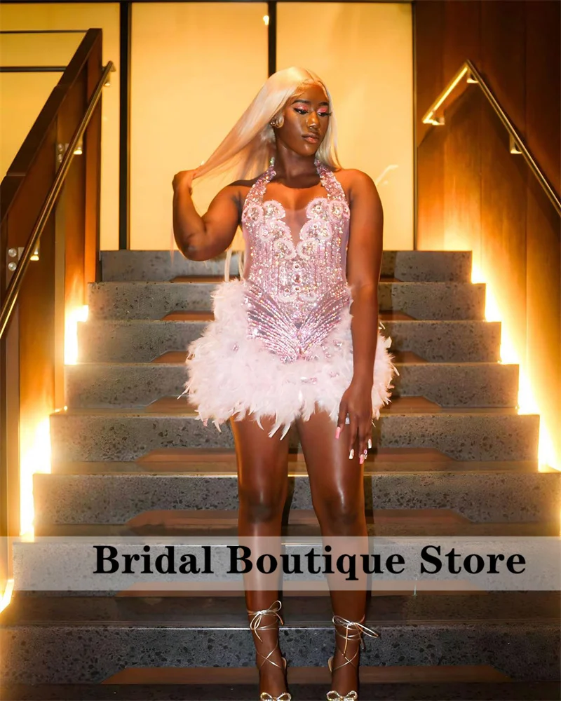 

Sexy Sparkly Pink Diamonds Prom Dress 2023 Glitter Crystals Rhinestone Beads Feathers Birthday Party Coctail Homecoming Gowns
