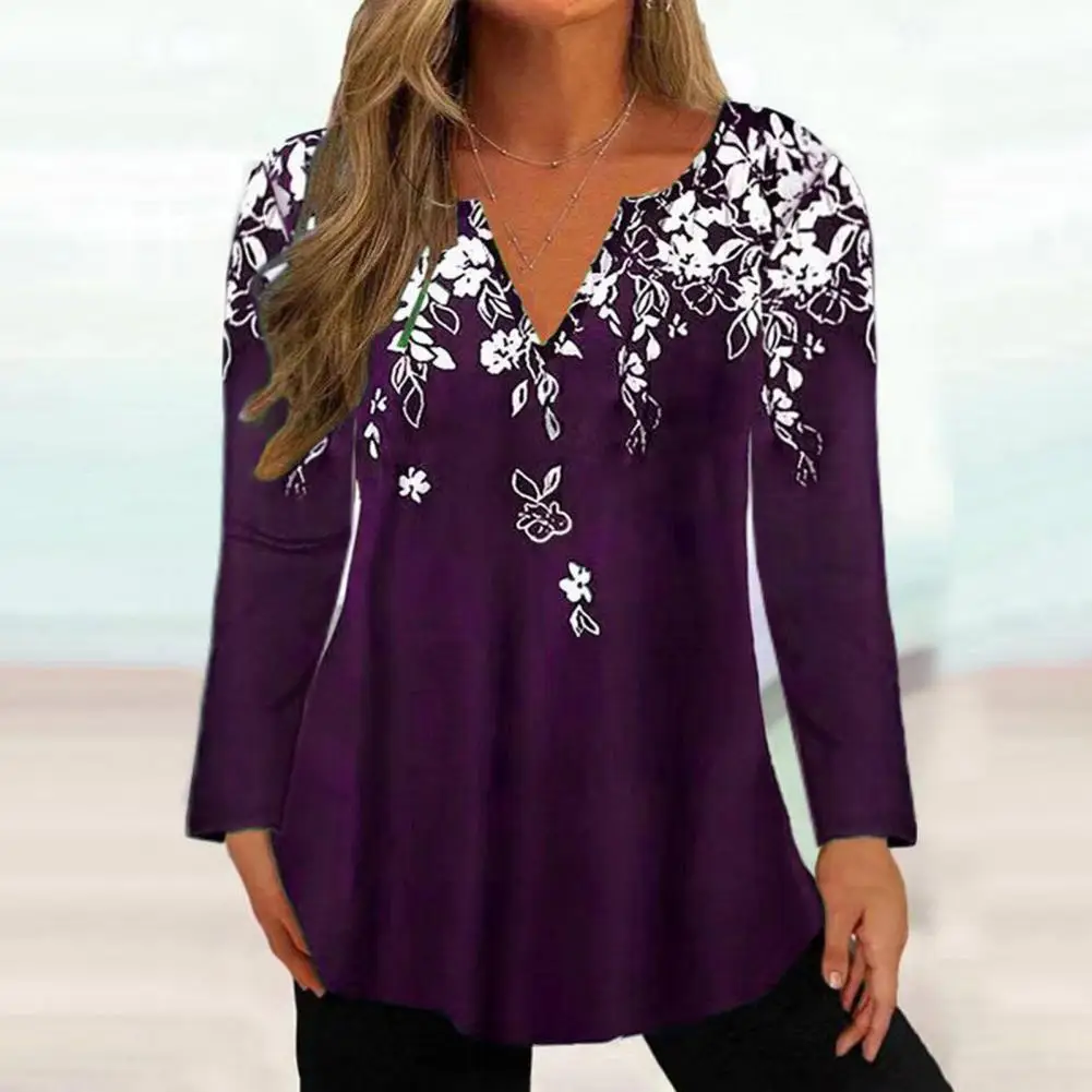 

Women Top Spring Autumn V-neck Top Long Sleeve Tunic Tops Floral Print Top Loose Hem Slim Fit Pullover T-shirt Streetwear