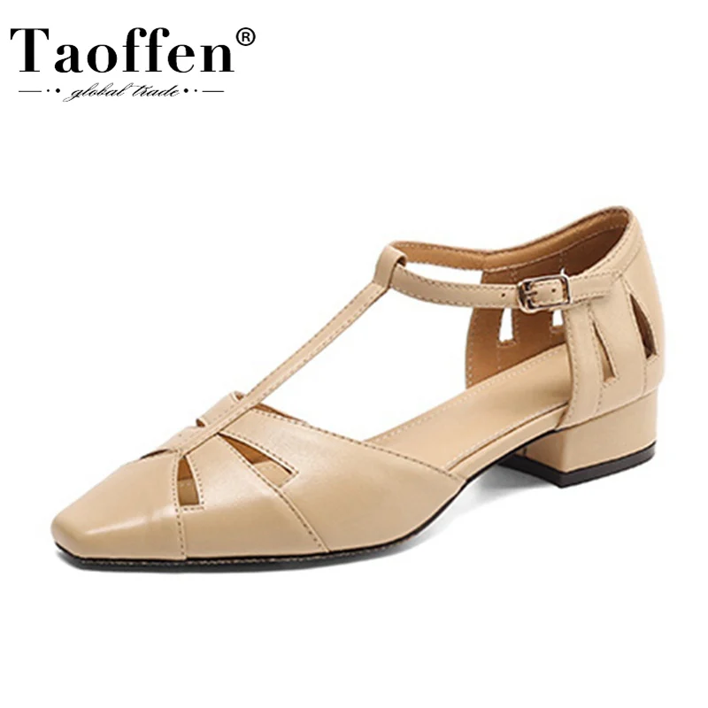 

Taoffen New Women'S Sandals Genuine Leather Buckle Low Heel Summer Shoes For Woman Ins Fashion Vacation Footwear Size 34-39