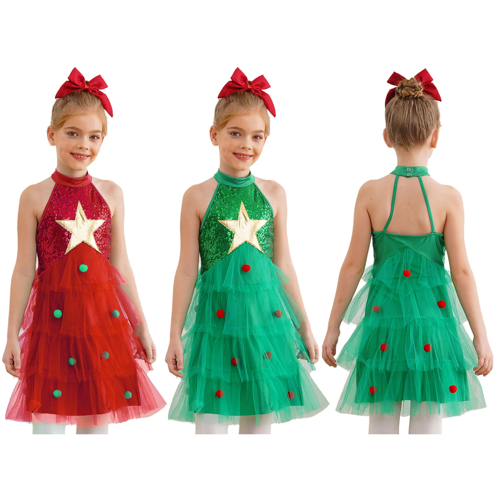 Детский рождественский танцевальный костюм для девочек без рукавов с лямкой на