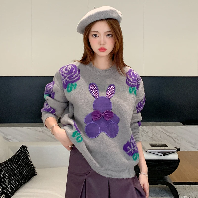 

Женский трикотажный жаккардовый пуловер с круглым вырезом и цветочным принтом