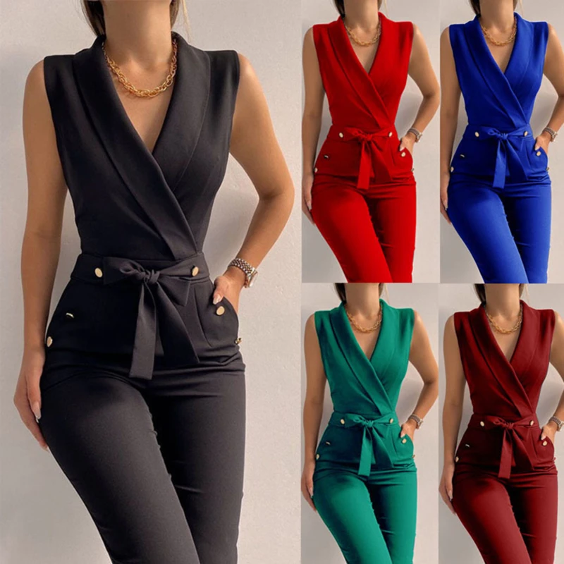 

Women Loose Jumpsuits Summer Deep V Neck Sleeveless Slip Pocket Wide Leg Pant Overalls Female Solid Long Trousers Office Lady