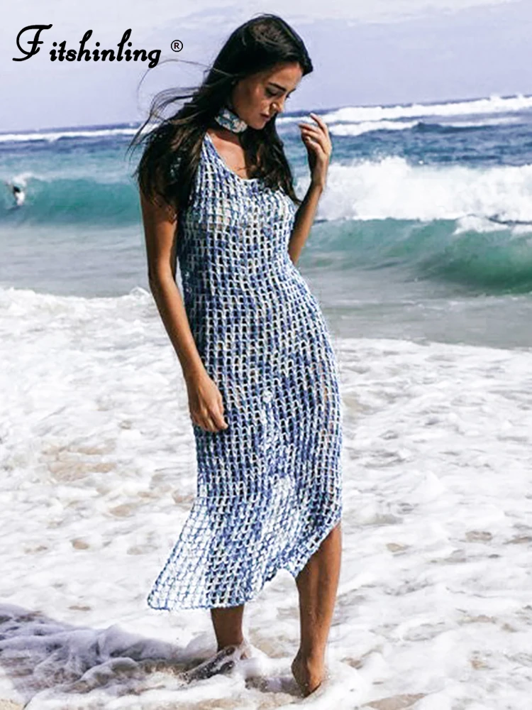 

Fitshinling Backless Boho Summer Dresses Woman 2022 Hollow Out Sexy Hot Beach Cover Up Swimwear Holiday Tunic Outing Pareo New
