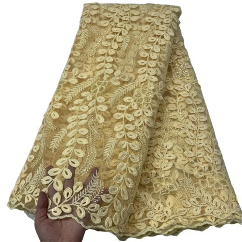 

2022 Green New Design African Lace Fabric Sequins Yellow Wedding Materials High Quality Nigerian Velvet Lace Fabric Dresses