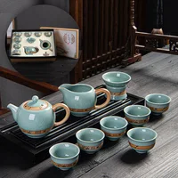 10pcs Ge Kiln Kung Fu Tea Set Featured Ice Cracked Embossed Bamboo Teapot Lid Bowl Tea Cup Set Ceramic Gifts