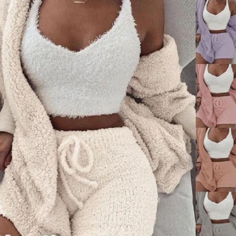

Autumn Winter 3 Piece Fluffy Outfits Plush Sexy Backless Fleece Pyjamas Women Casual Sports Sweatshirt Home Wear Sets Tracksuit