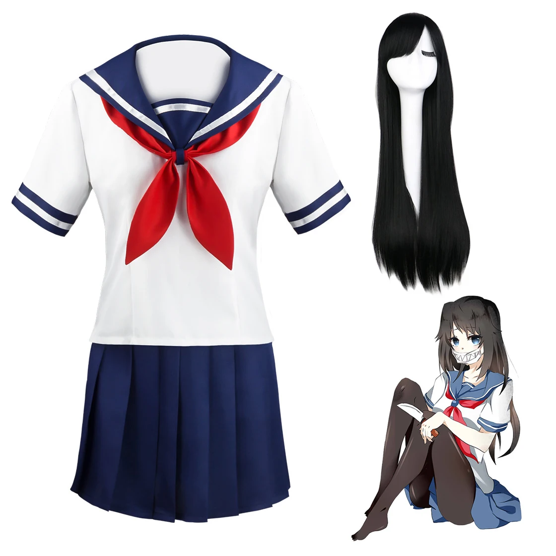 

Game Yandere Simulator Ayano Aishi Cosplay Costumes Top Skirt Tie Socks Wig Women Girl School JK Uniform Halloween Costume