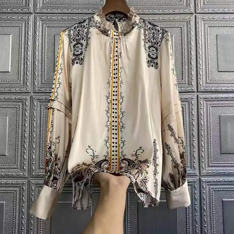 

Lace Stitching Print Shirts for Women Long Sleeve Camisas Holiday Womens Tops