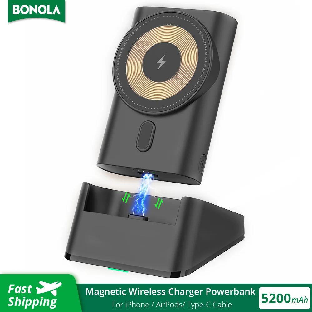 Bonola Wireless Magnetic Power Bank 2 in 1 Wireless Charger for Apple Watch/iPhone 14/13/12 Powerbank 5200mAh External Battery