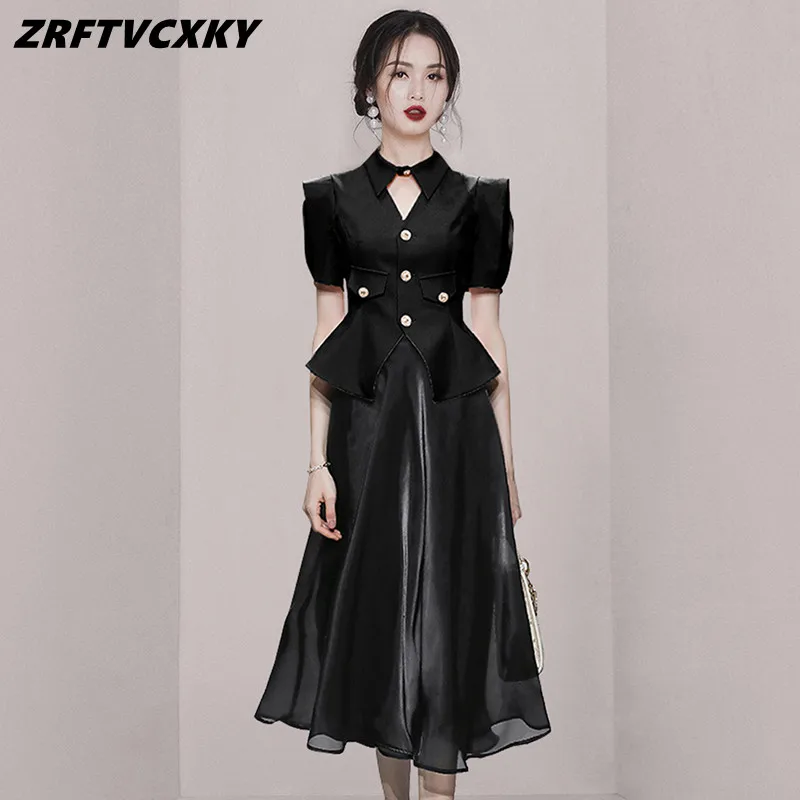 

Новинка, Женский дизайнерский ажурный облегающий топ-рубашка с отложным воротником и юбка миди из органзы с высокой талией, женский летний костюм