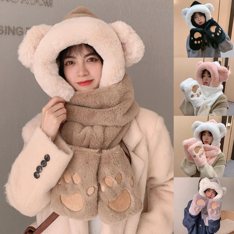 

2023 New Autumn Winter Bear Ear Plush Novelty Animal Hat 3 in 1 Beanie with Long Paw Scarf, Mitten Combo Skiing Scarf for Women