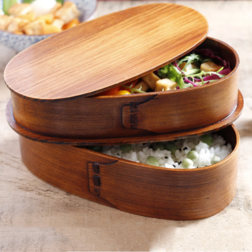

Outdoor Natural Wooden Japanese Lunch Box Double Layer Bento Box Picnic School Dinnerware Food Container Storage For Kid Student