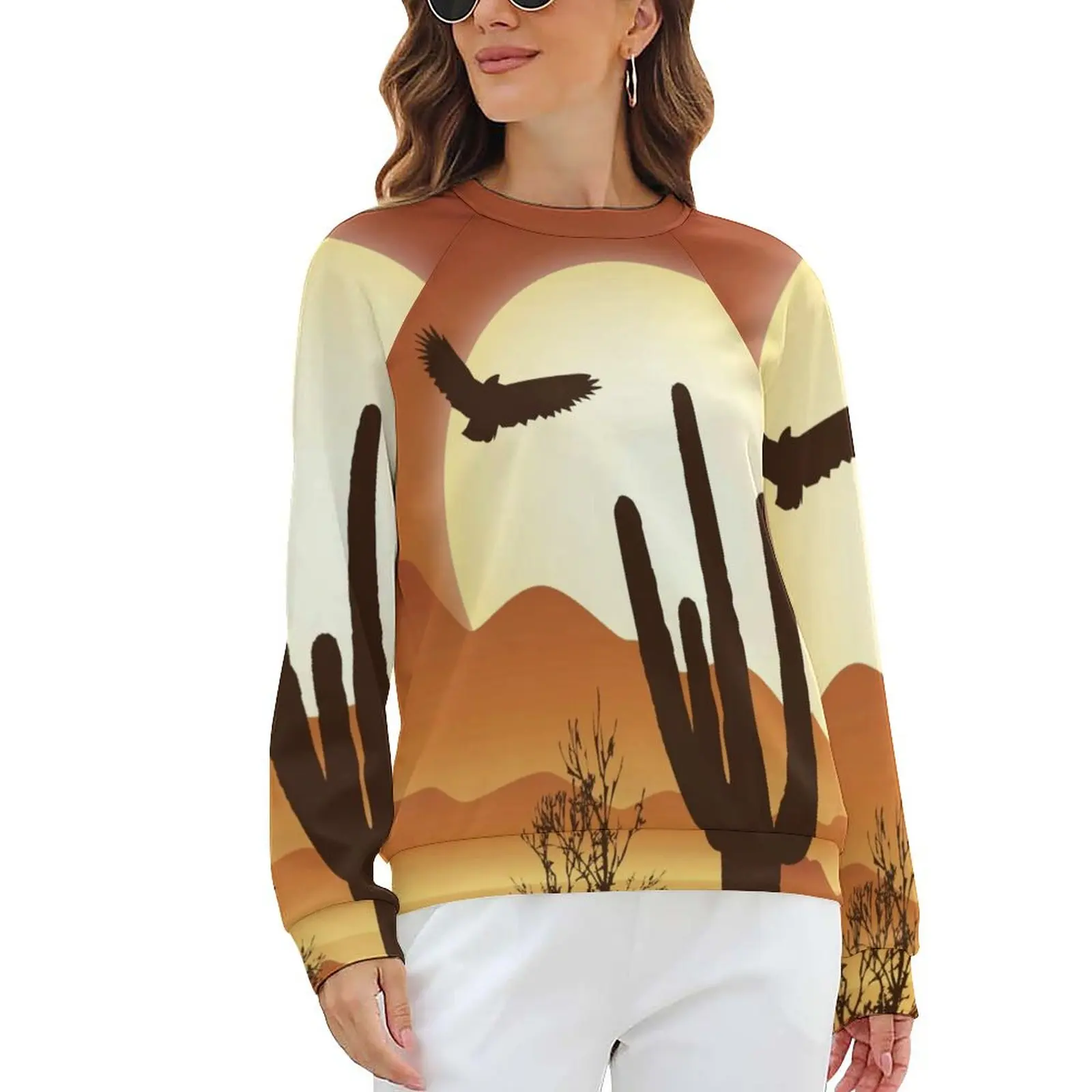 

Sunset Western Desert Casual Hoodies Winter Cactus and Eagle Cool Hoodie Long Sleeve Oversized Street Fashion Custom Sweatshirts