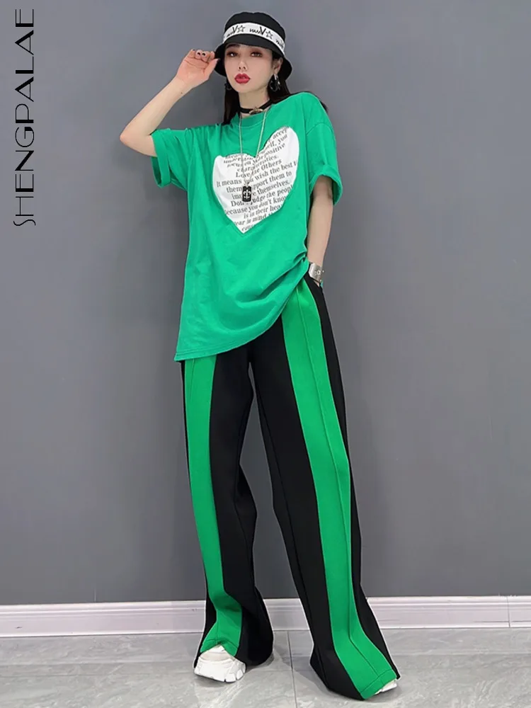 

SHENGPALAE/комплект из 2 предметов; Уличная одежда; Повседневная модная футболка с короткими рукавами и брюки с разрезом; Женский комплект; Коллекция 2023 года; Сезон лето; 5R2445