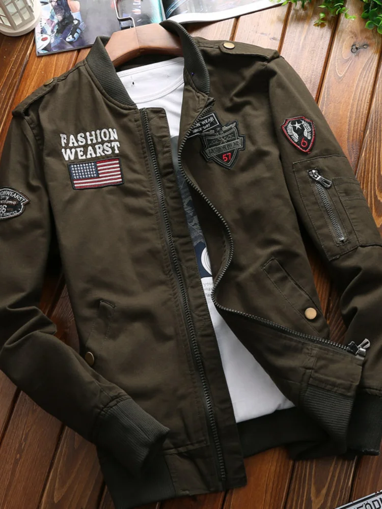 

Bomber Jacket Men Fashion Casual Windbreaker Jacket Coat Men Spring and Autumn New Hot Outwear Stand Slim Military Embroidery