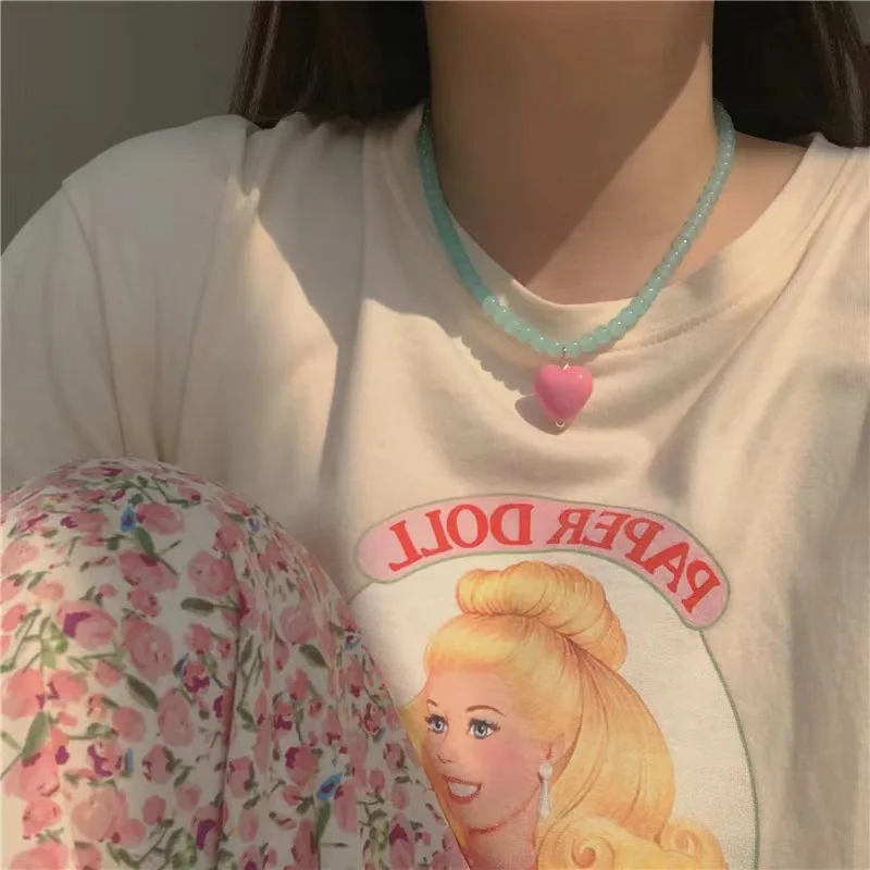 

Pink Heart Pearl Charm Necklace cute choker fine jewelry beach party korean fashion