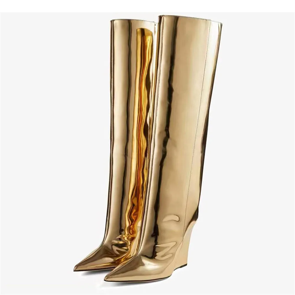 New Women Knee-High Wedge Heels Boots Woman Pointed Toe High Heels Boots Patent leather Autumn Slip-On Botas Mujer Invierno 2023