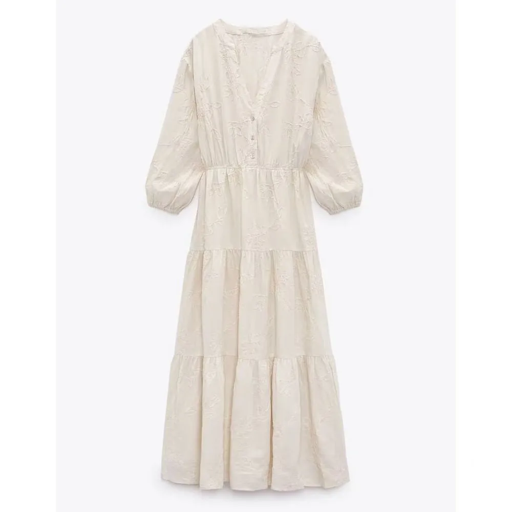 

Женское платье-миди с длинным рукавом, льняное винтажное платье с вышивкой, 2023