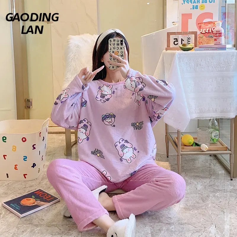 

Thick Warm Flannel Winter Women Long Sleeve Pajamas Set Large Size Purple Cartoon Print Home Pyjamas Suit Coral Velvet Sleepwear