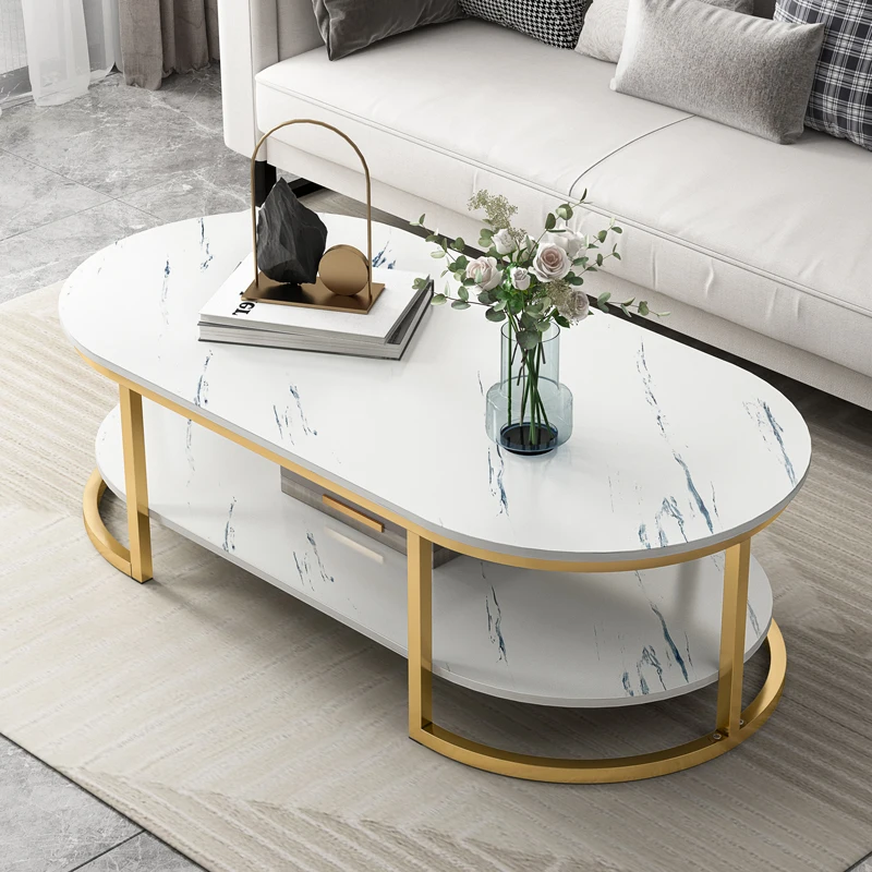 Mesas de Centro ovaladas nórdicas para decoración de sala de estar, Mesa de Centro de vidrio blanco de lujo, almacenamiento de doble capa, artículo para el hogar
