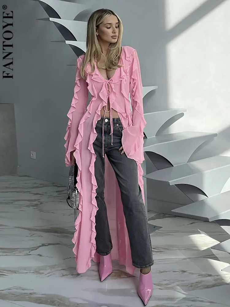 

Fantoye Сексуальный Кардиган с v-образным вырезом Женский Тренч розовый длинный рукав на шнуровке длинный Тренч Женский Осенний тонкий повседневный элегантный уличная одежда 2023