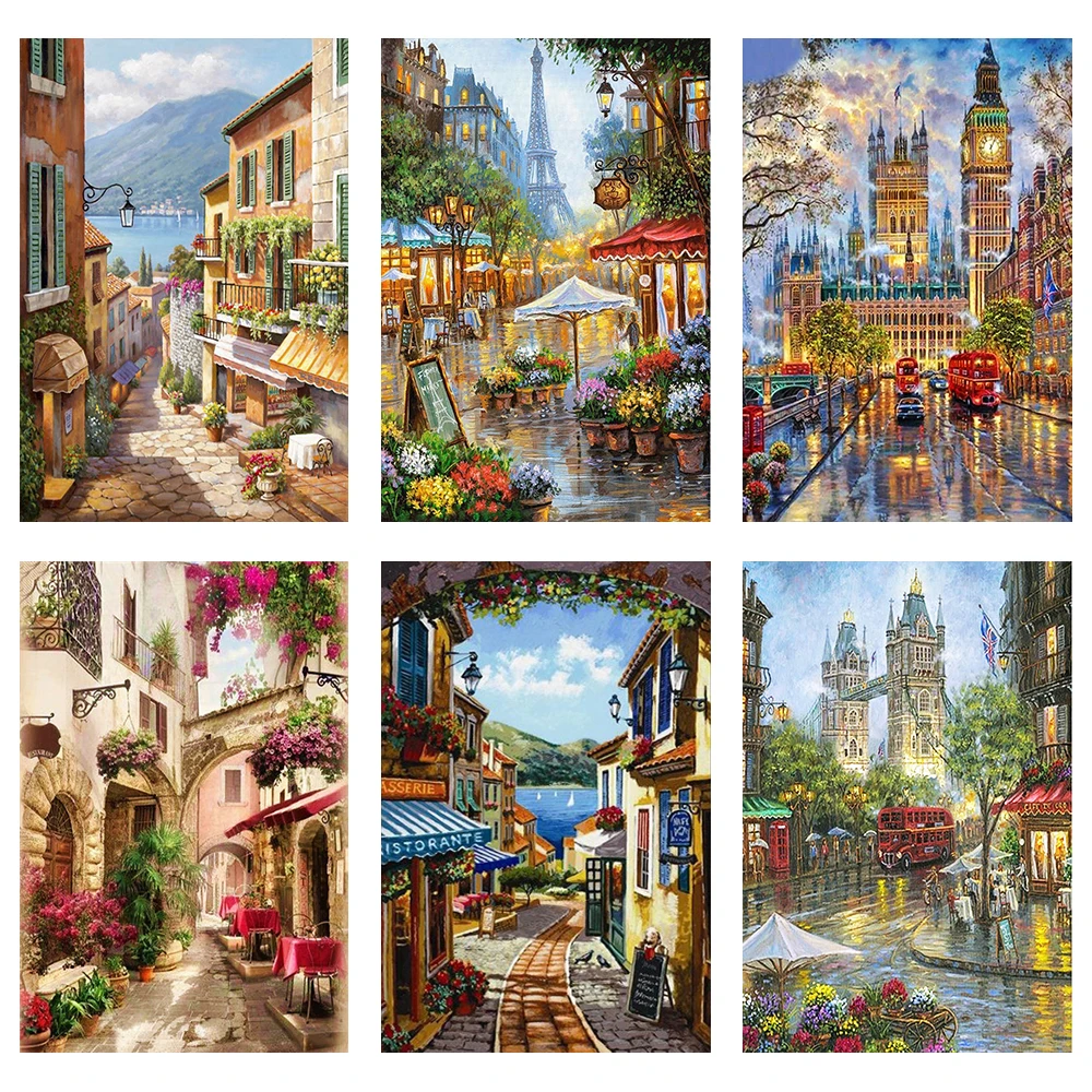 

100% 5D Diamond Embroidery Set Street View DIY Diamond Art Painting Kit Town Cross Stitch Landscape Gift Wall Art Bedroom Decor