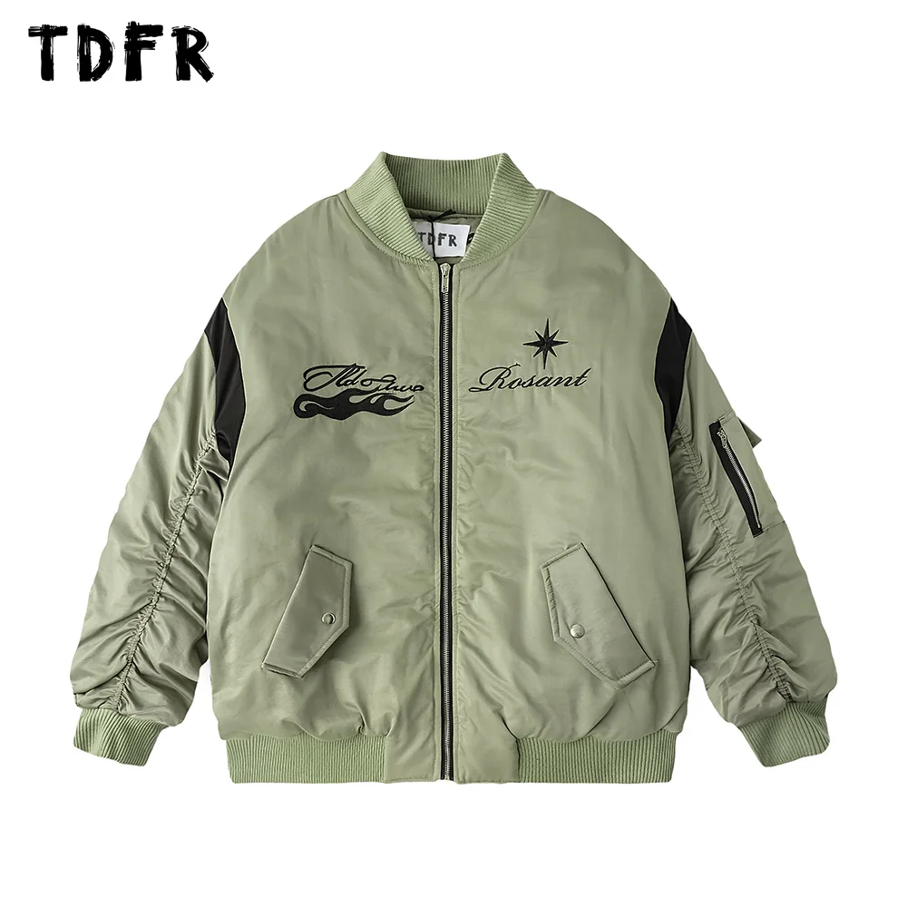 

Letter Embroidery Quilted Jacket Mens Casual Streetwear Loose Stand Collar Pleated Sleeves Zipper Outerwear Men