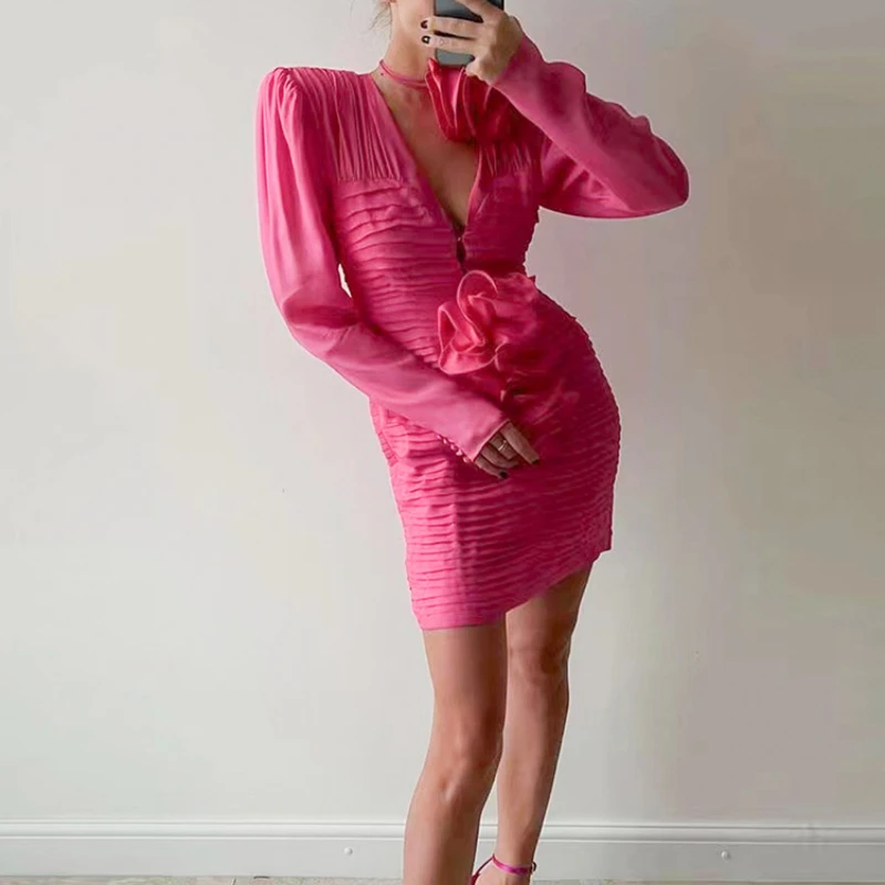 

100% Silk Women Detachable 3D Flower Decoration V Neck Folded Dress Shoulder Pad Women Bodycon Dress