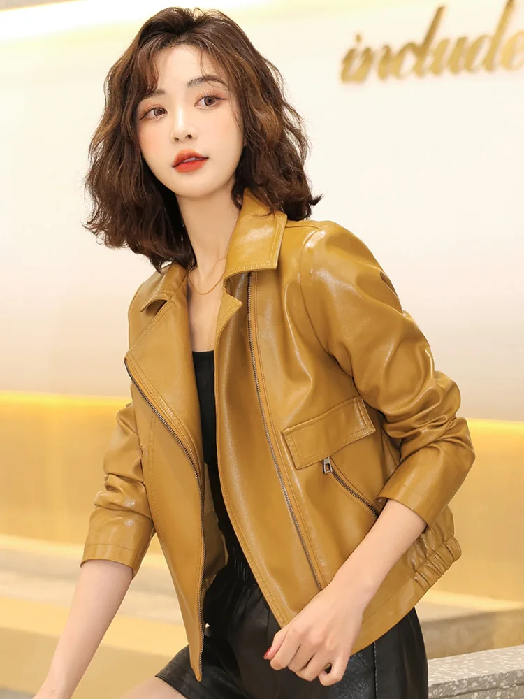 New Women Casual Leather Jacket Spring Autumn Fashion Trend Suit Collar Loose Short Sheepskin Coat Split Leather Small Outerwear