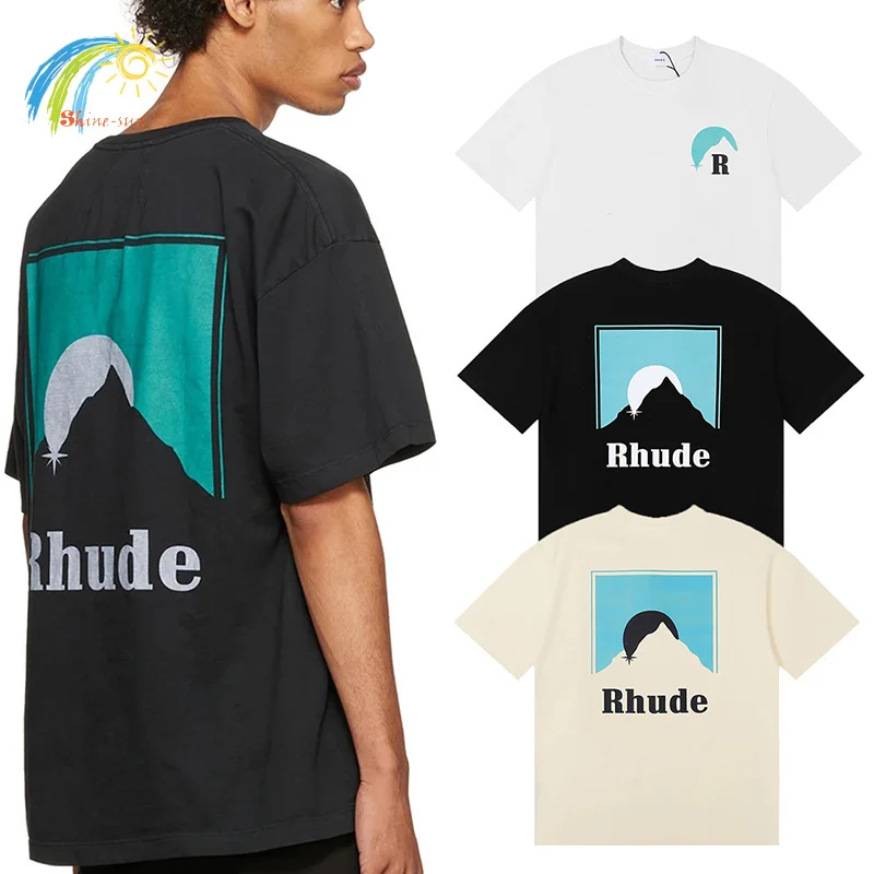 

Blue Sunset Classic Logo Print RHUDE T-Shirt Men Women High Quality Black White Apricot Moonlight Rhude Tee Inside Tags
