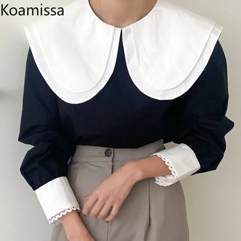 

Koamissa Fashion Retro Shirt for Women Sweet Peter Pan Collar Long Puff Sleeves Blouse Office Lady Party Blusas Korean Chic Tops