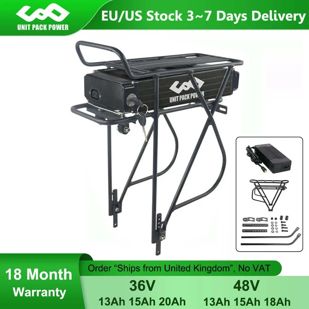 

36V 48V 52V Rear Rack Electric eBike Battery 13Ah 15Ah 18Ah With 24-28" Layer Luggage for 1000W 750W 500W 350W Bafang Motor