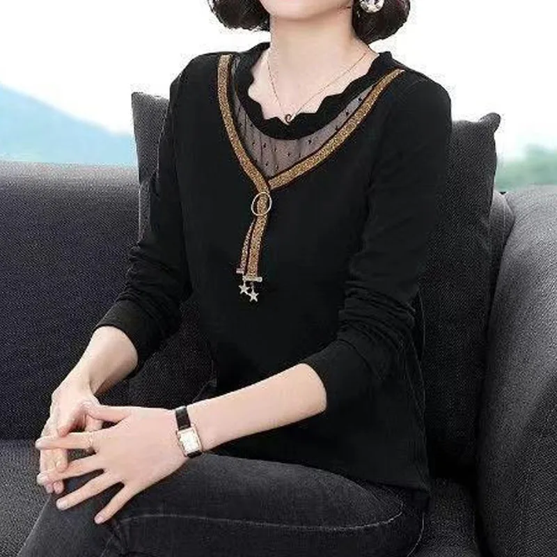 

Spring Autumn New Commute Long Sleeve Casual Solid Color T-shirt for Female Fashion Loose Gauze Spliced Tops Women's Clothing